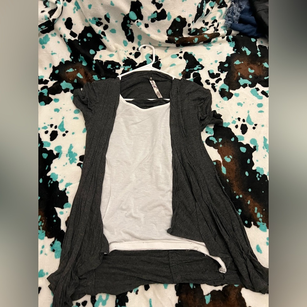 Gray Open-Front Cardigan with White Tank Top